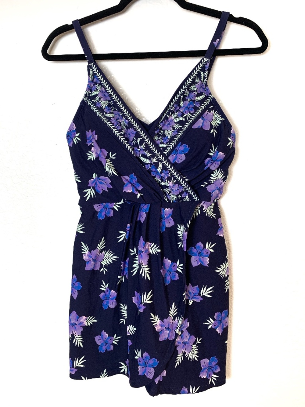 Lands' End Women's Blue Floral Tulip Wrap Swim Dress Convertible Straps Size M
